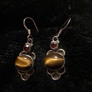Tigers eye and garnet pierced earrings set in real 925  silver